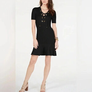 Michael Kors‎ Knit Ribbed Short Sleeve Lace-up Bodycon GREEN Mini Dress Med NWT